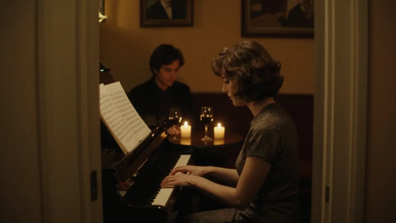 A hidden jazz lounge with candlelight, a woman playing piano, a shadowed listener.