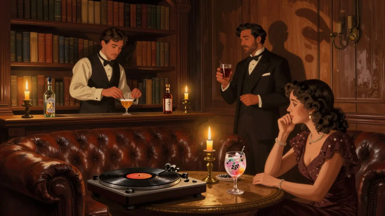 A hidden speakeasy with dim lighting, vintage vinyl, and guests enjoying spiced cocktails in quiet intimacy.