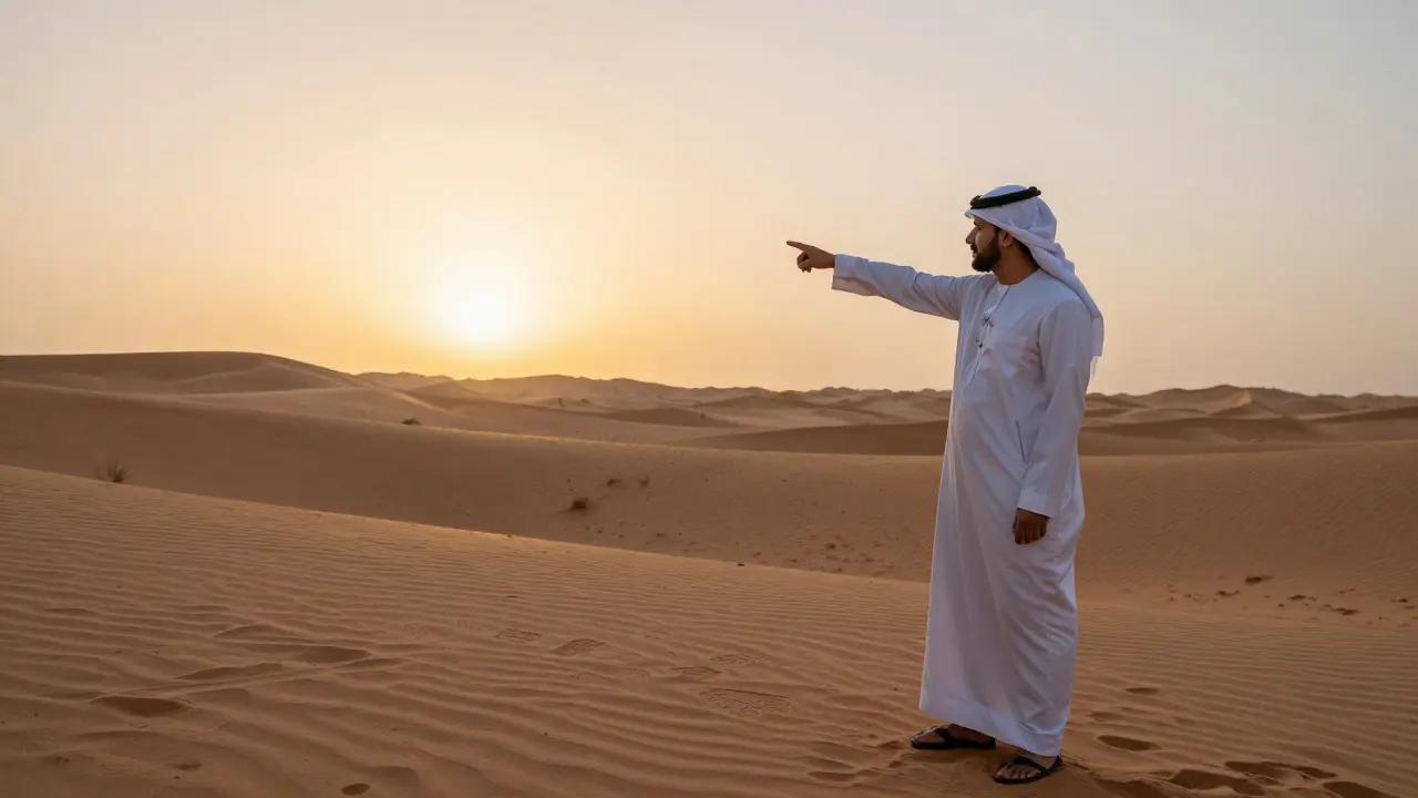 A licensed tour guide showing historical petroglyphs to a visitor in a serene desert oasis at sunset.
