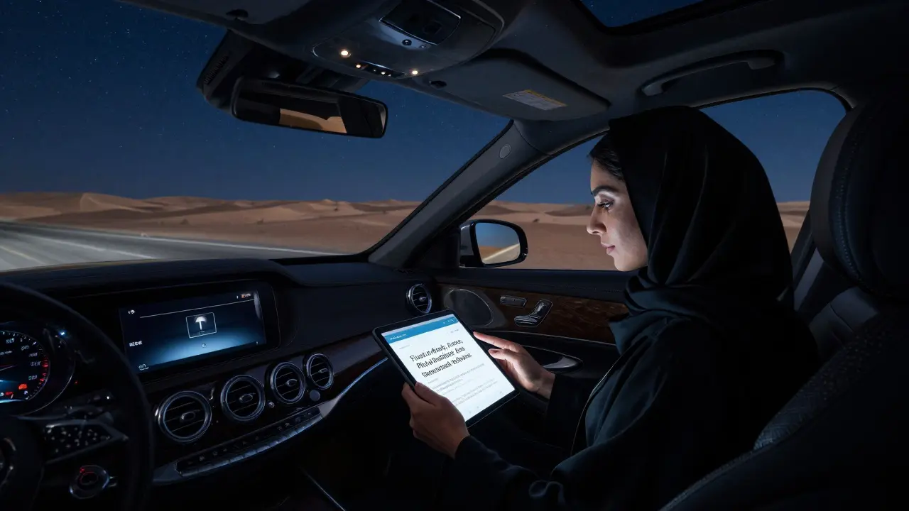 A luxury car drives through the desert at night, with a companion reviewing a professional profile on a tablet.