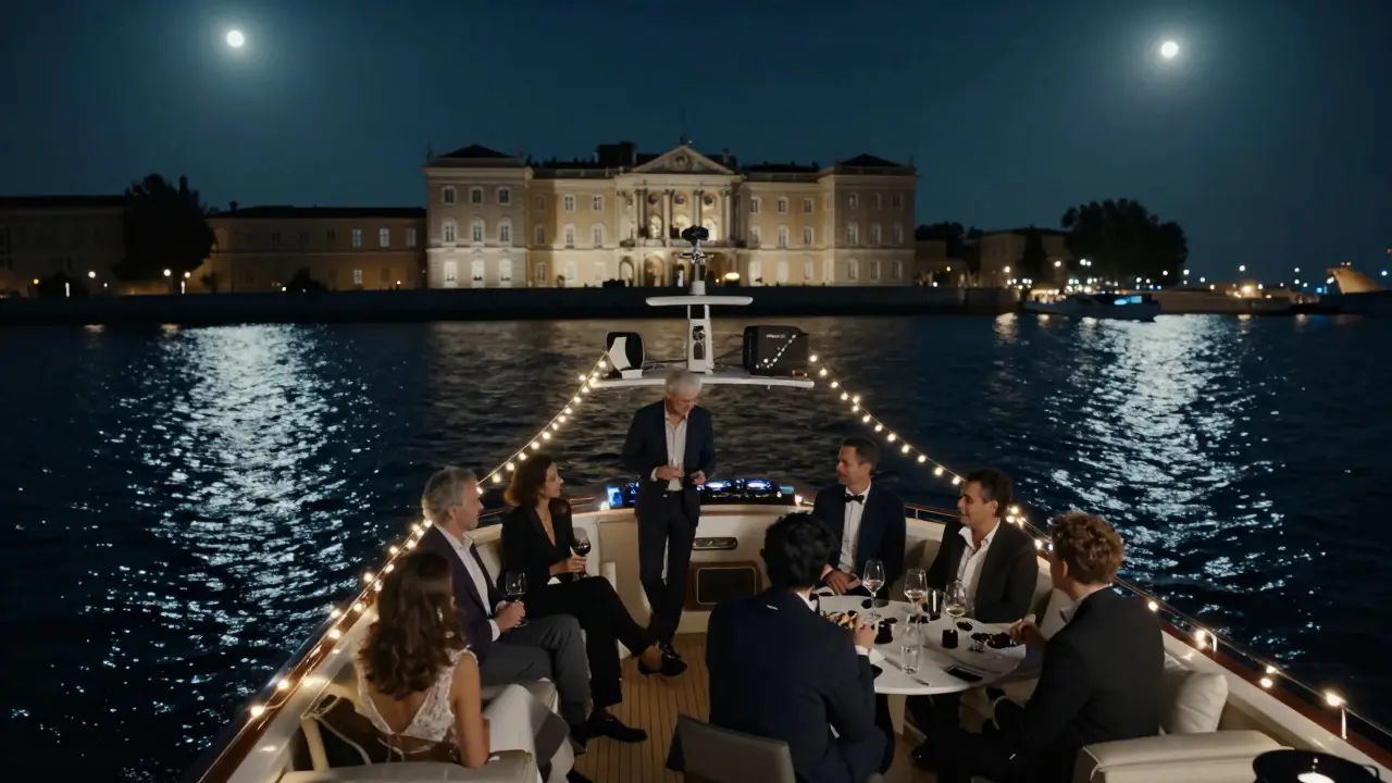 A luxury yacht at night with guests sipping wine under string lights, sailing past Monaco's palace.