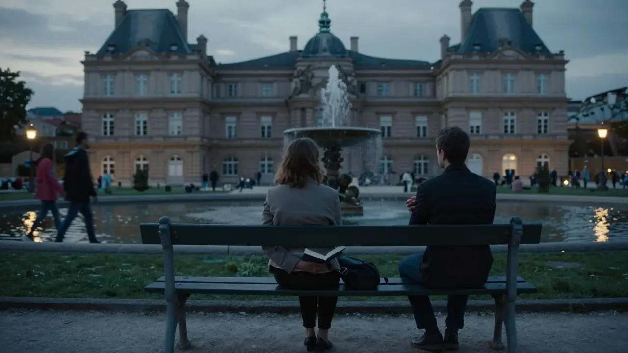 A man and woman sit in silence on a bench in Luxembourg Gardens at dusk, lamps just turning on.