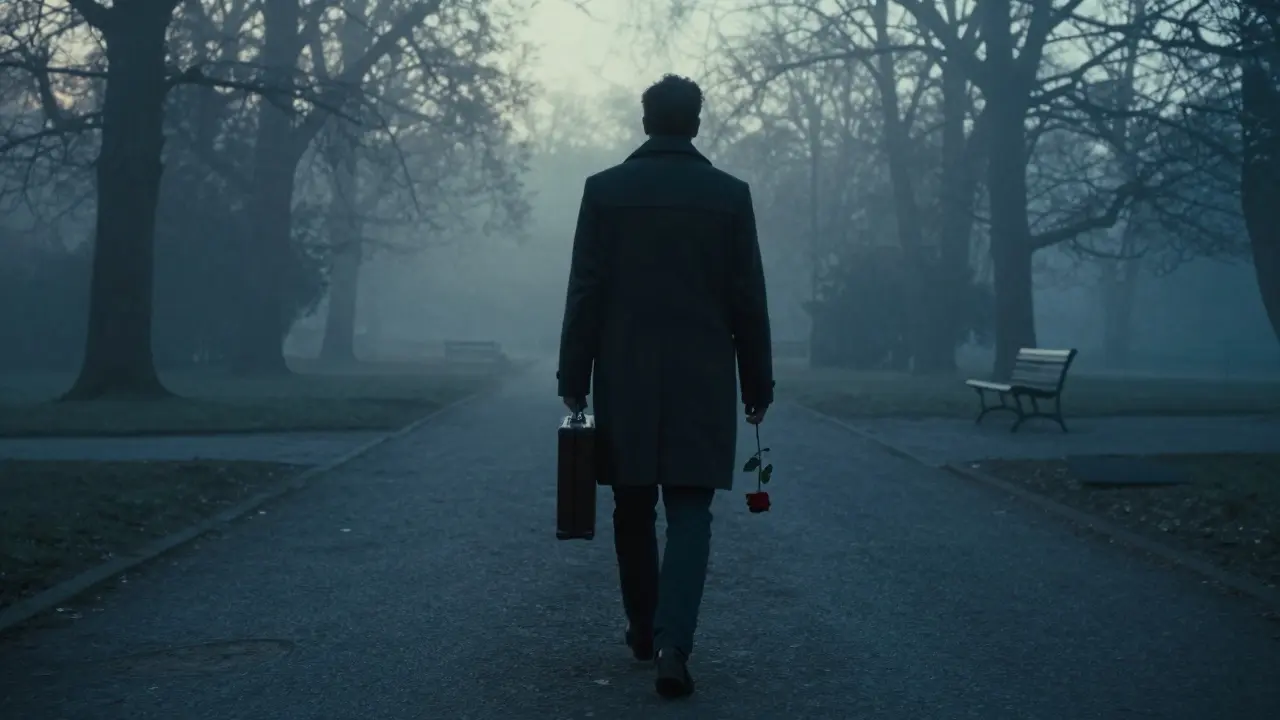 A person walks through misty Tiergarten at sunrise holding a rose, no face visible.