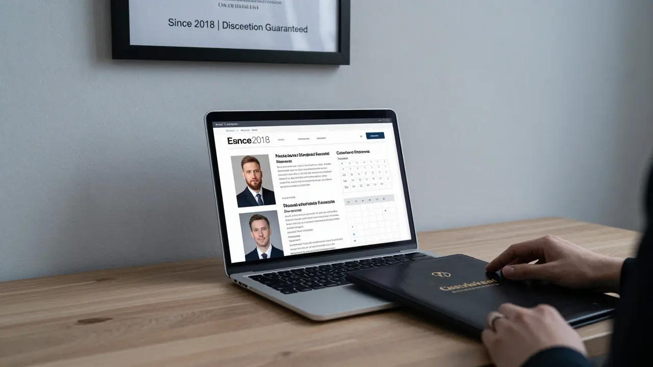 A professional agency office in Brera displays verified escort profiles on a sleek laptop.