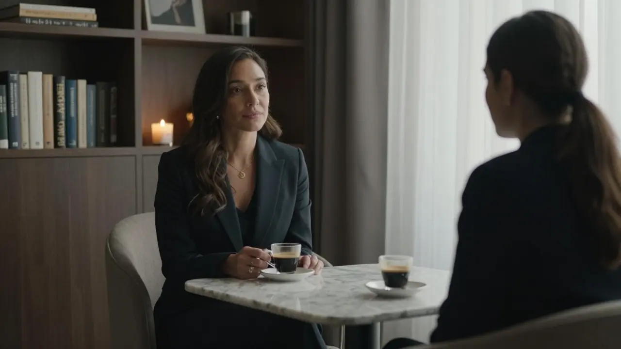 A professional companion and client share a calm moment over espresso in a refined Milanese lounge.