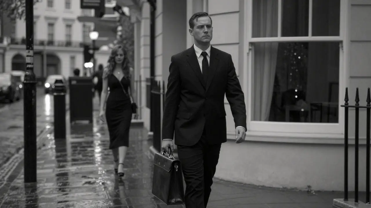 A professional companion walks away from a luxury home at dawn, embodying quiet resilience.