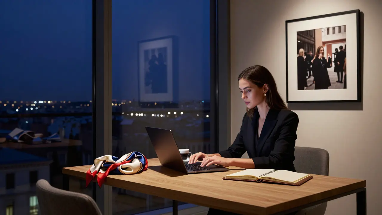 A professional companion working calmly in a hotel suite, with city lights and espresso nearby.
