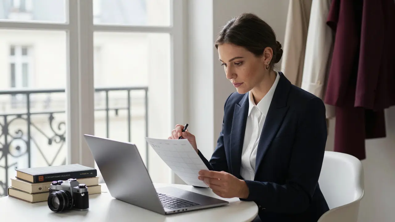 A professional woman reviewing her schedule in a sunlit Montmartre apartment, preparing for a museum date.
