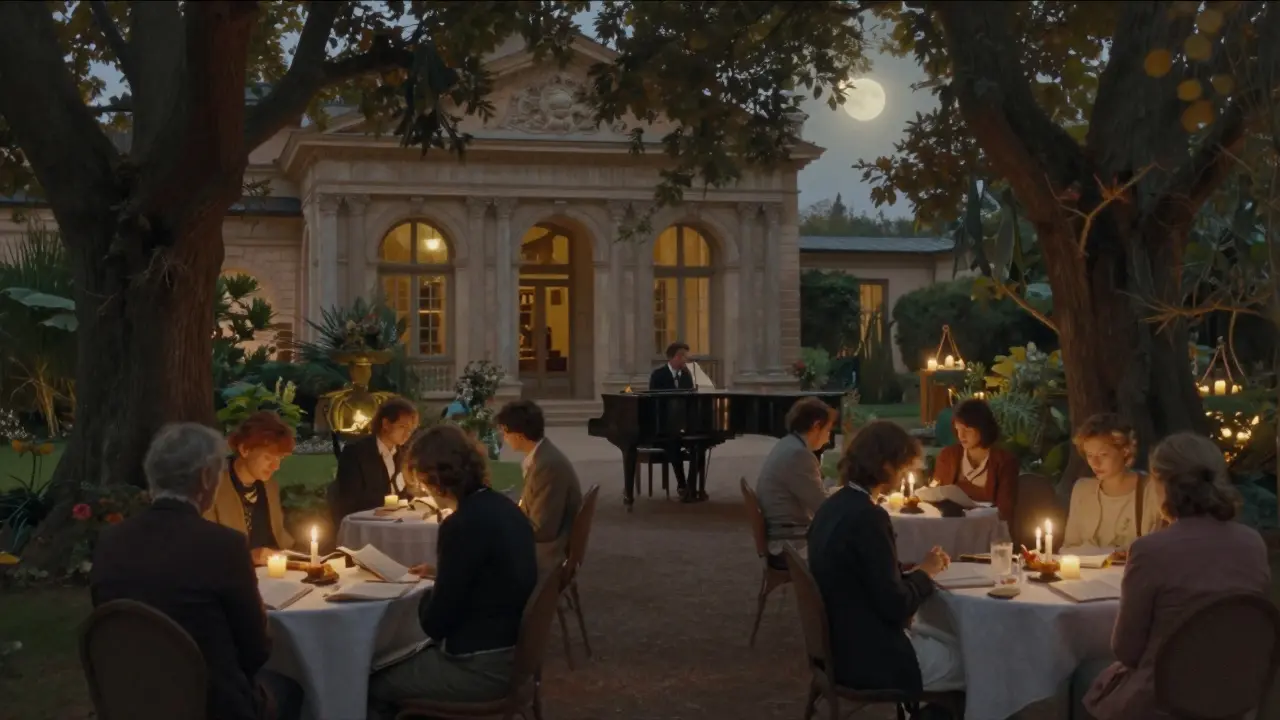 A quiet candlelit garden salon with guests listening to piano music, no phones or alcohol.