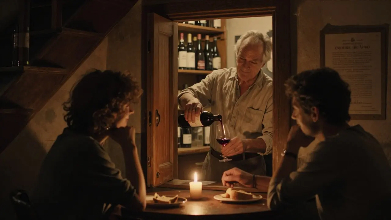 A quiet wine bar at night, owner pouring red wine for a guest in a hidden Milan alley.