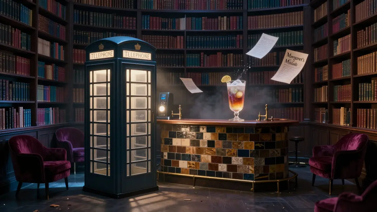 A secret library behind a glowing phone booth, with floating drinks and drifting letters in a quiet, mystical space.