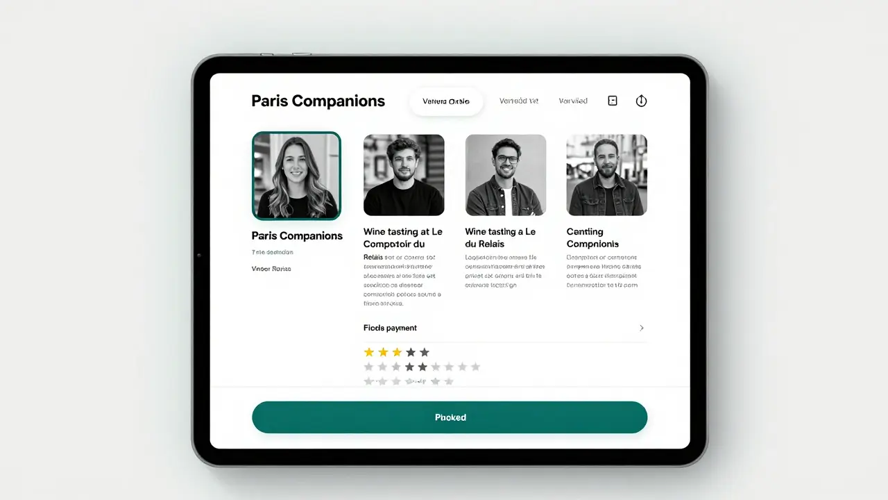 A secure online booking platform showing verified escort profiles with detailed service descriptions.