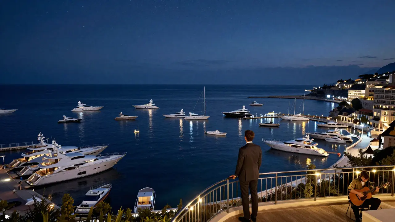 A solitary figure overlooking a harbor lit by hundreds of yachts at midnight.