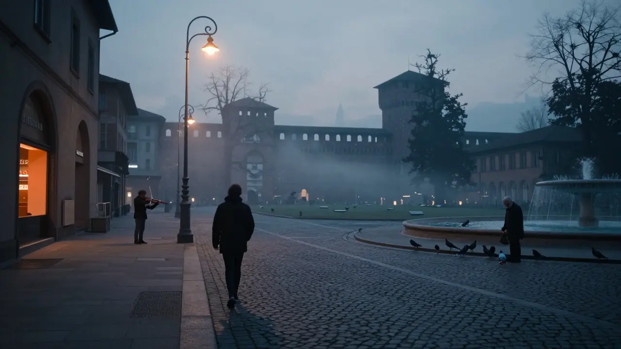 A solitary walker at dawn in Milan, passing a violinist and pigeons under soft streetlights, mist rising from empty streets.