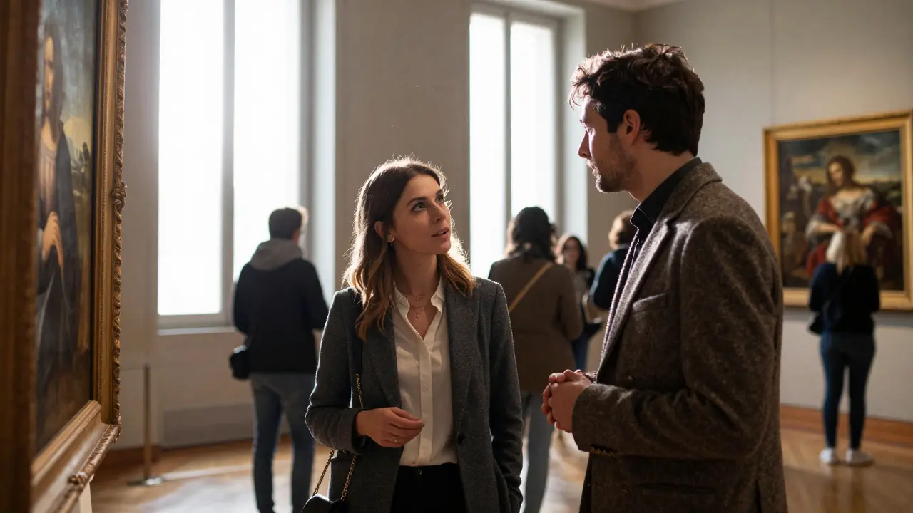 A woman and man quietly conversing in Brera Art Gallery, surrounded by classic paintings.