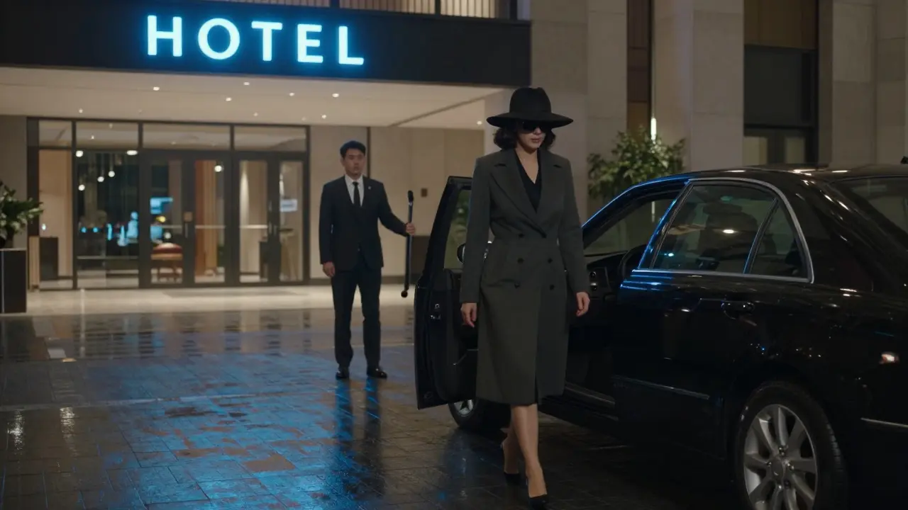 A woman entering a black car in a hotel lobby at night, her face obscured, embodying discretion.