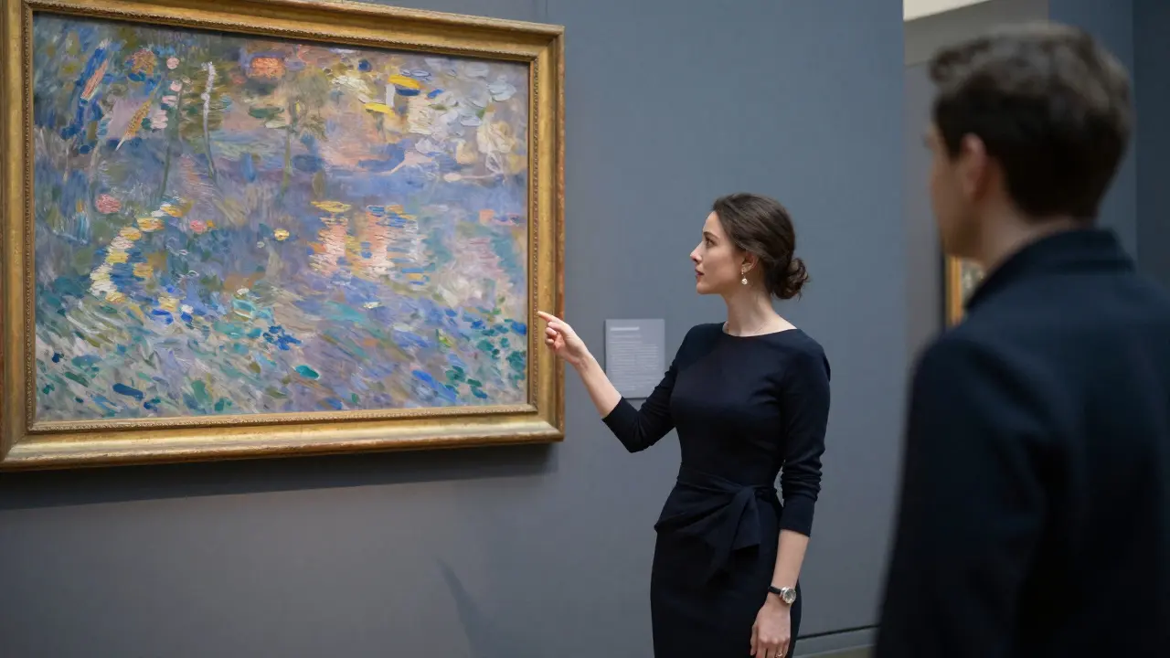 A woman explaining a Monet painting to a man in the Musée d’Orsay, soft museum lighting.