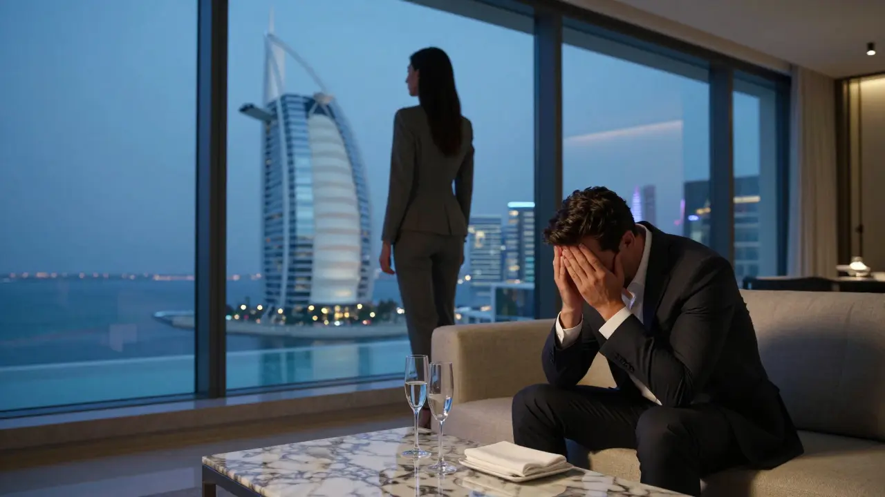 A woman stands by a window in a Palm Jumeirah villa, looking out at Dubai's skyline while a man sits exhausted on the couch nearby.