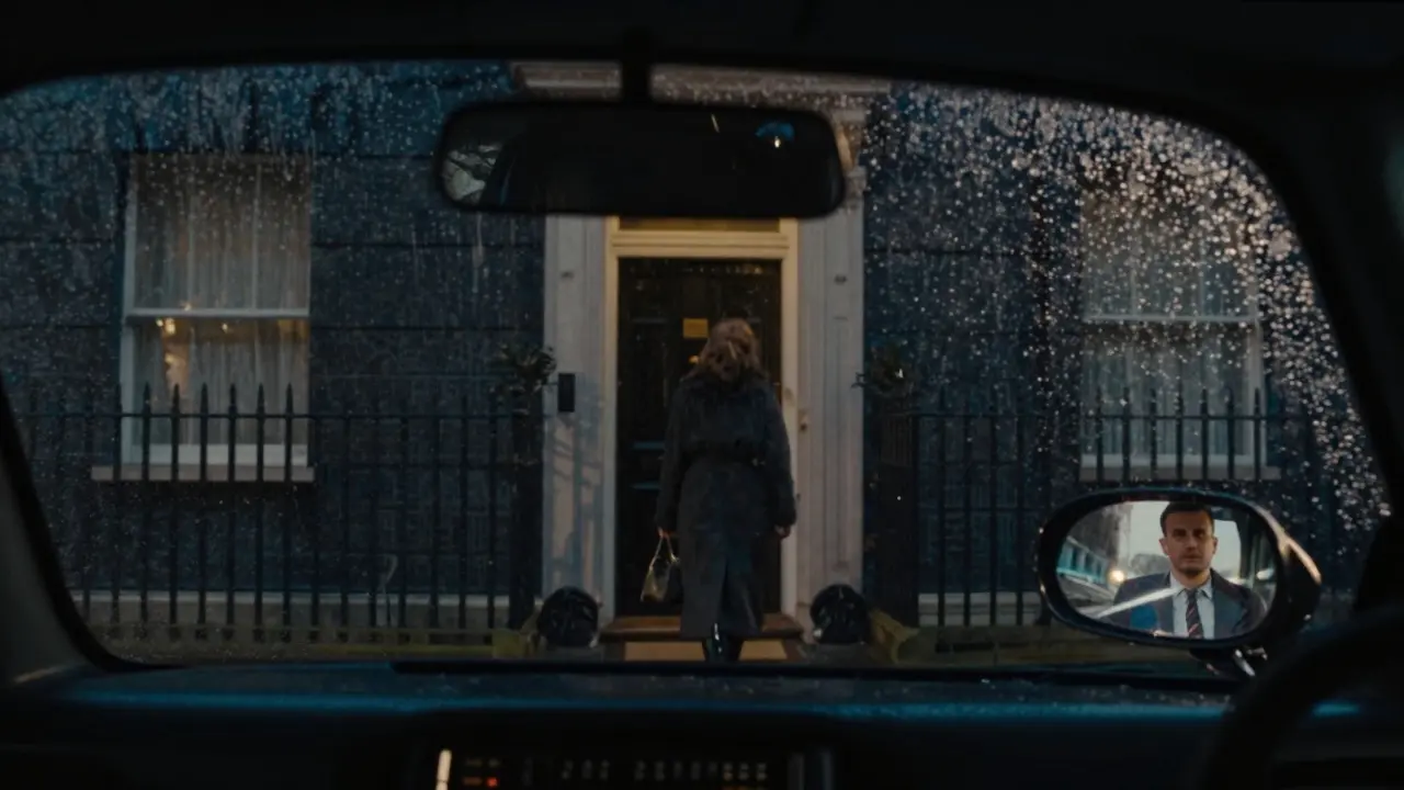 A woman walking away in the rain as a man watches silently from a taxi.