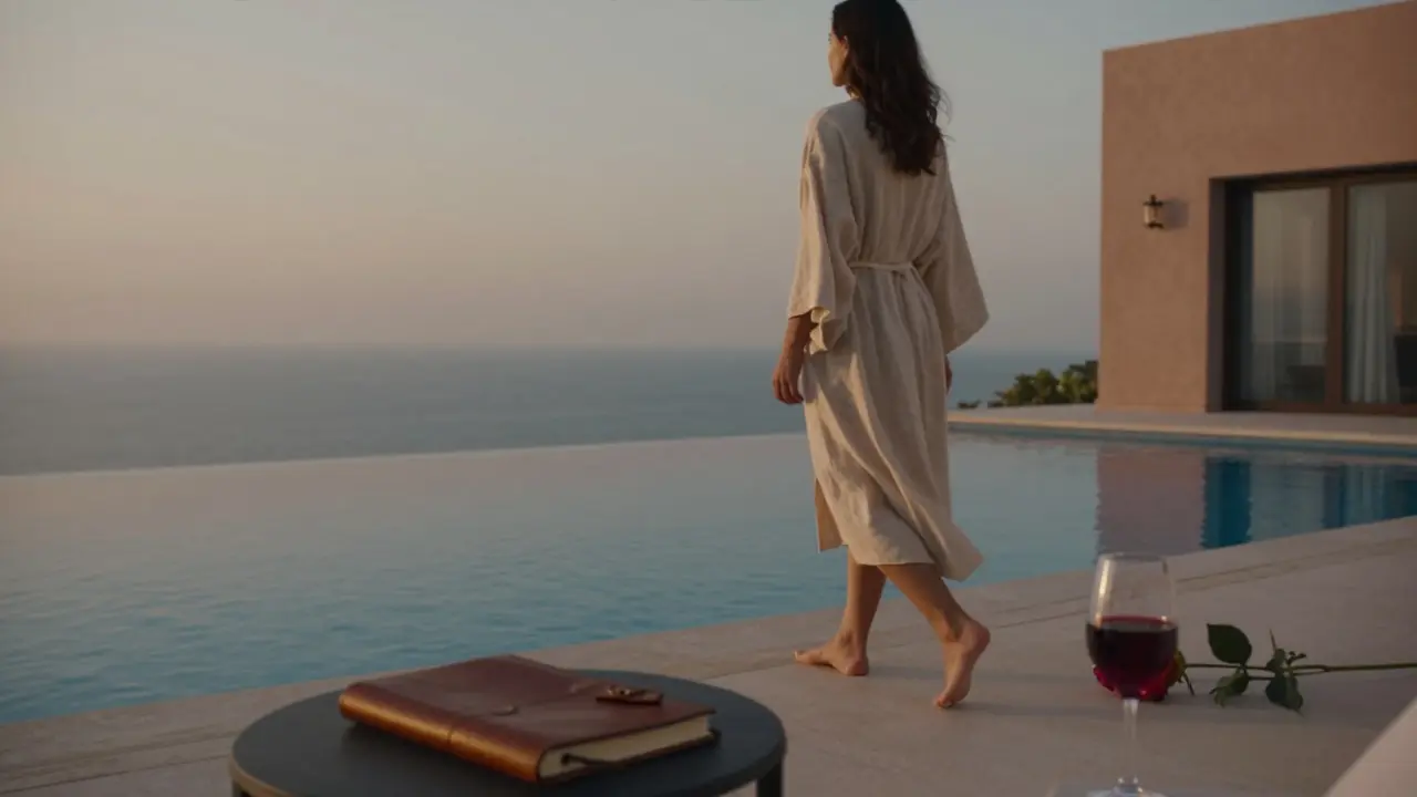 A woman walks barefoot beside an infinity pool at dusk in a private Dubai villa, surrounded by quiet elegance.