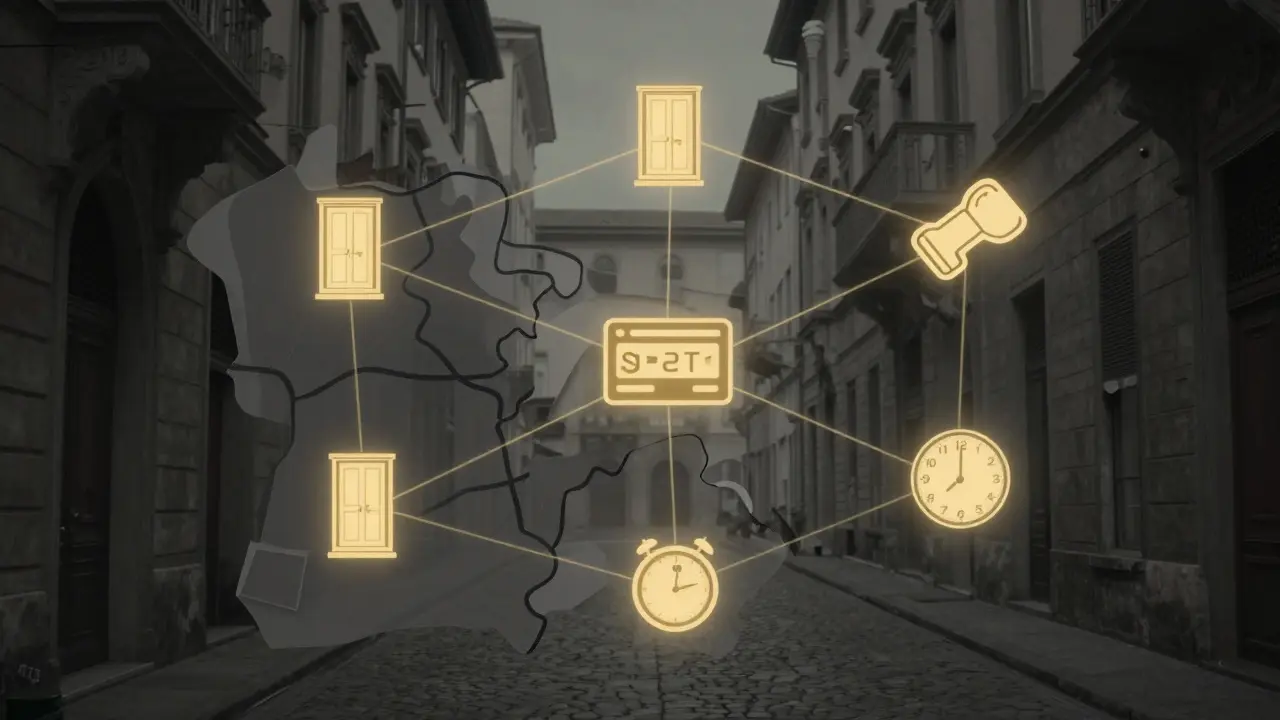 Abstract map of Milan&#039;s discreet luxury hotels connected by symbols of privacy.