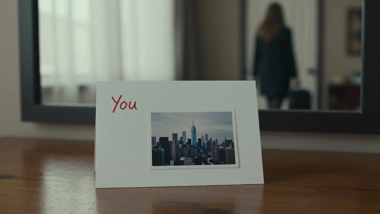 An anonymous Christmas card with a skyline photo lies on a desk, its reflection showing a woman walking away from a hotel door in the morning light.