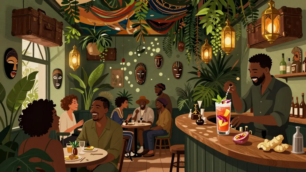 An eclectic Parisian bar filled with plants, vintage artifacts, and a lively multicultural crowd.