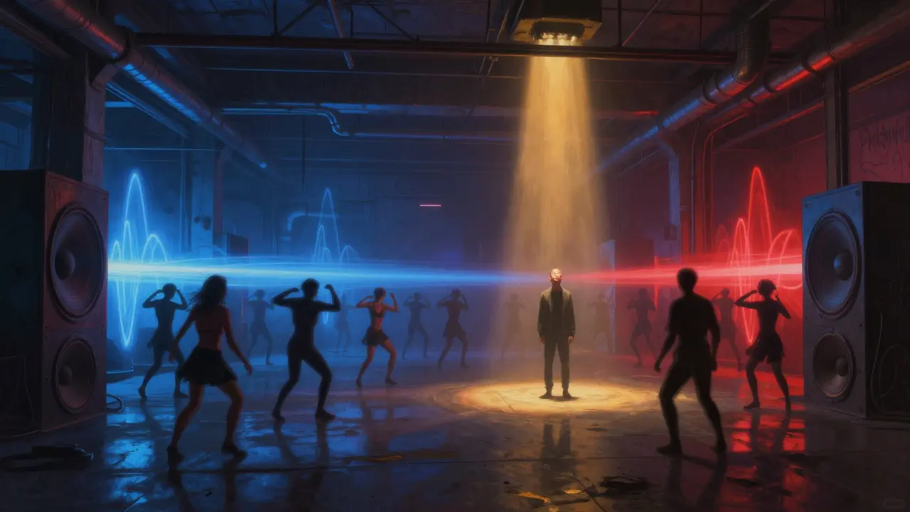 An industrial warehouse club with silhouetted dancers bathed in strobing lights and vibrating sound waves.