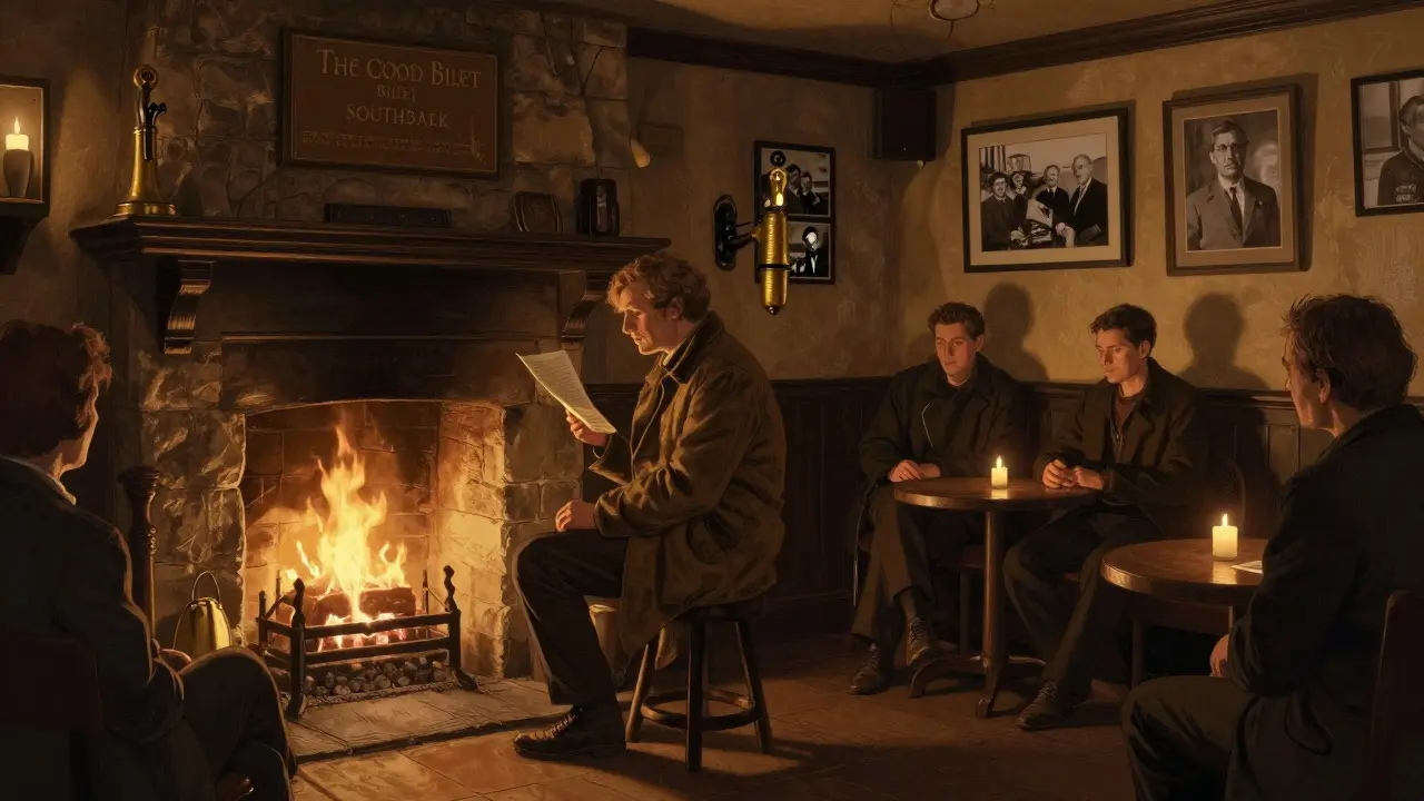 An old pub with a fireplace where a man reads poetry to quiet listeners in a candlelit room.