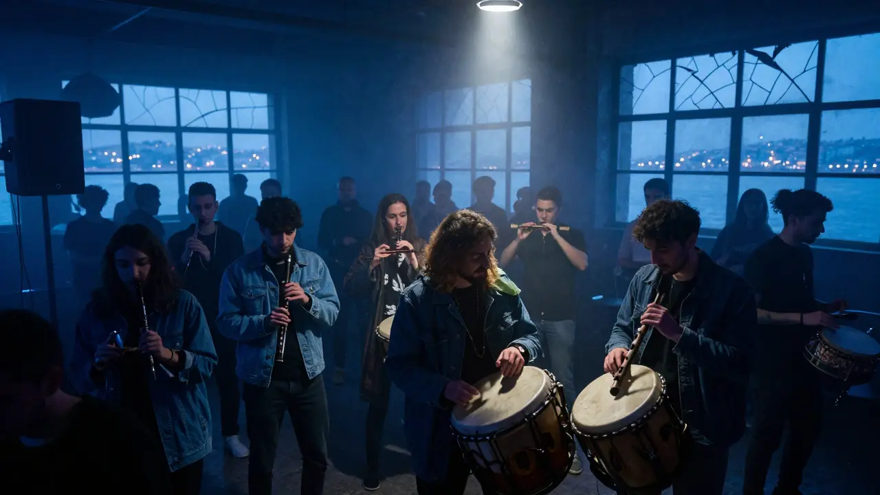 An underground club with fog, techno music, and a crowd dancing to Turkish percussion rhythms.