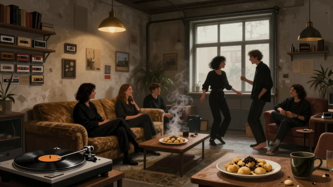 An underground garage bar in Lambrate with vinyl records, cozy couches, and locals in black attire enjoying quiet music and food.