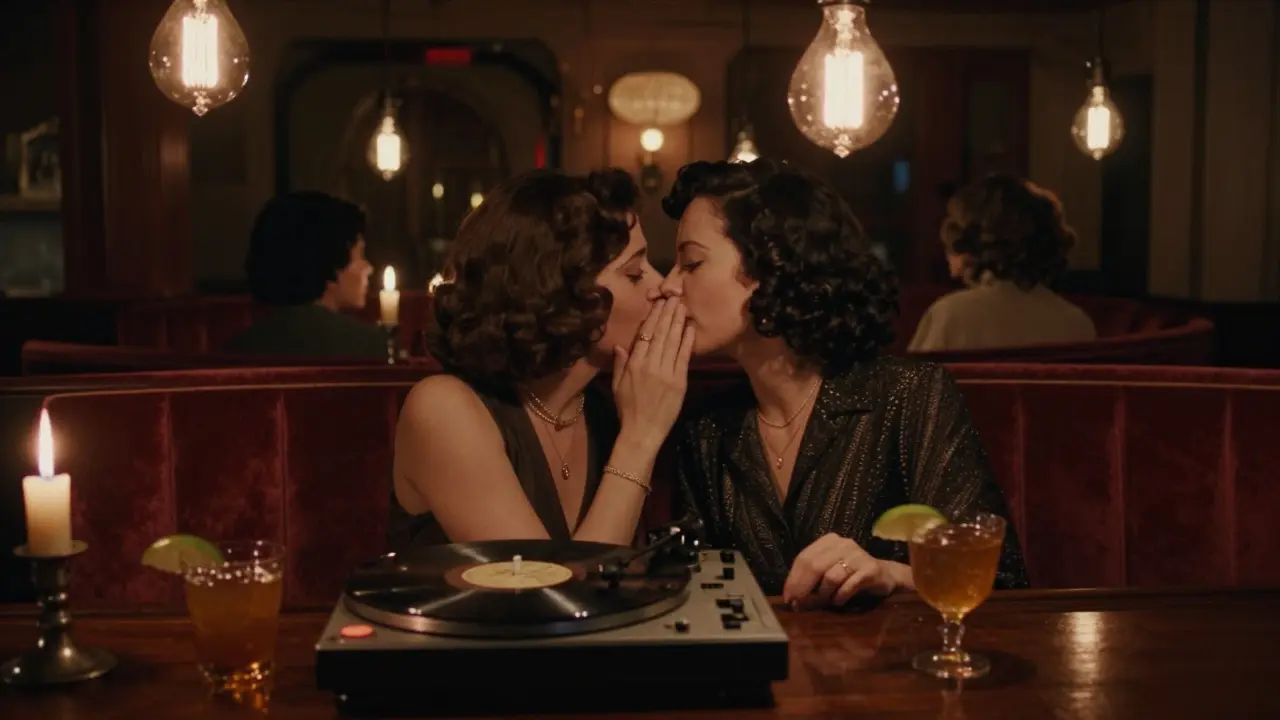 Candlelit bar with velvet booths and vinyl record spinning in cozy, intimate setting.