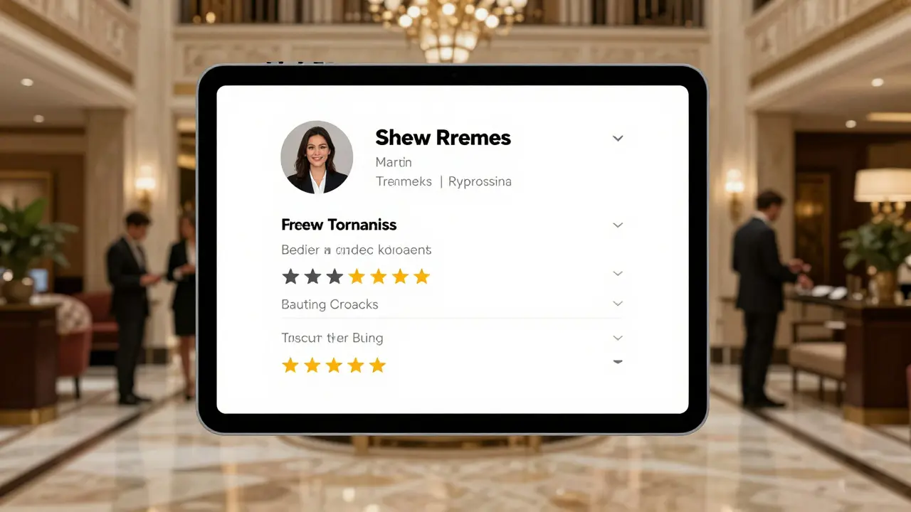 Clean digital escort profile with verified reviews displayed on a tablet, emphasizing trust.
