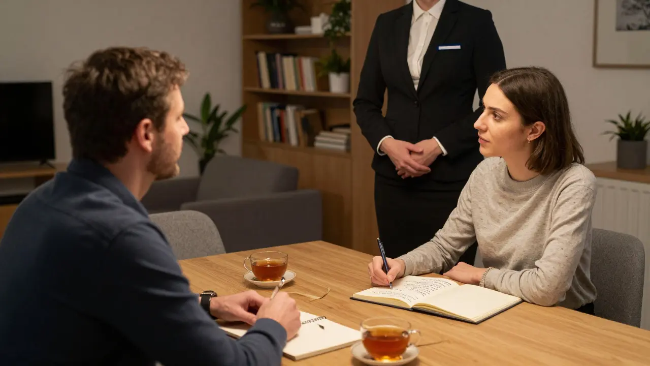 Client and escort having a respectful conversation over tea in a quiet Berlin apartment.