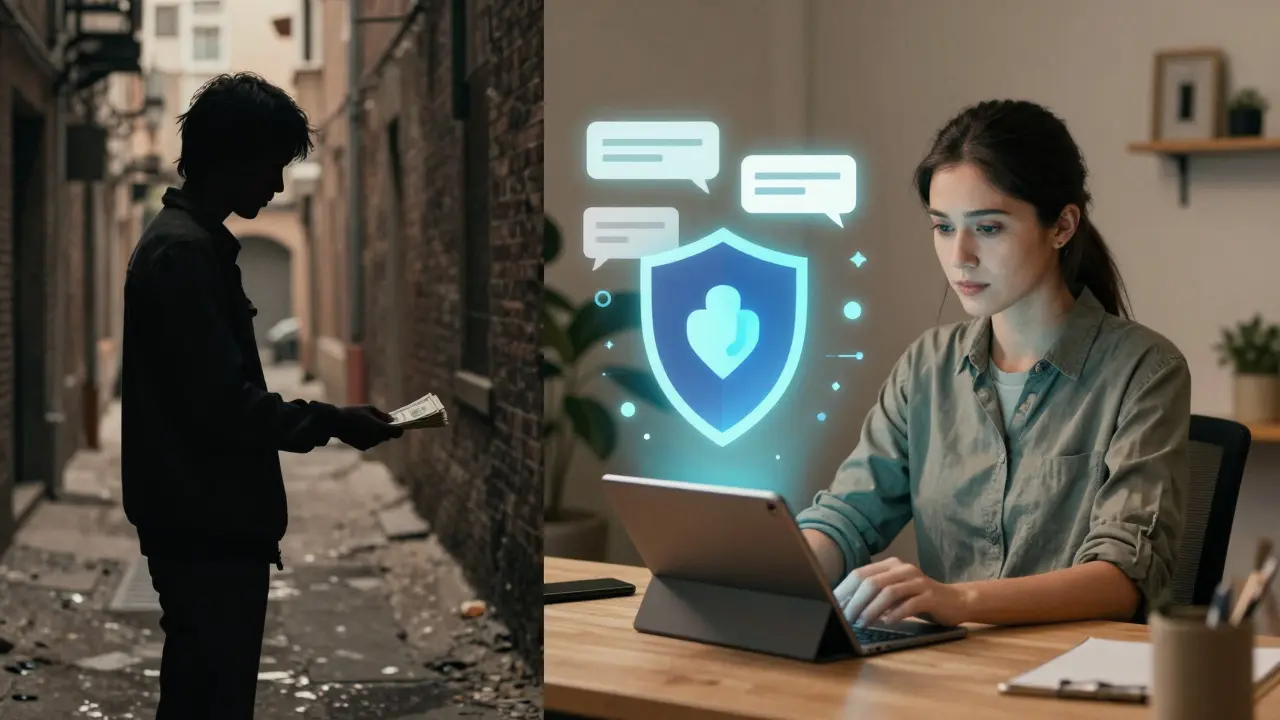 Contrasting past and present: cash transaction in alley versus digital safety tools at home.