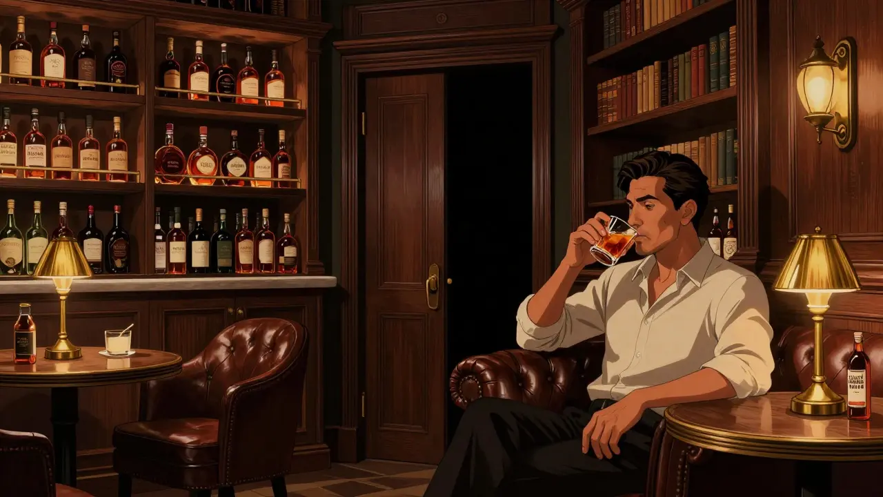 Cozy hidden bar inside Emirates Palace with leather chairs and whiskey bottles.