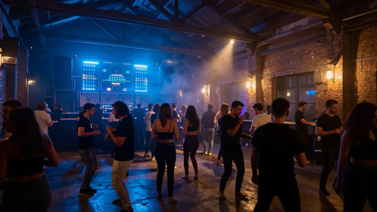 Crowd dancing in a dim industrial nightclub with glowing sound equipment and raw energy.