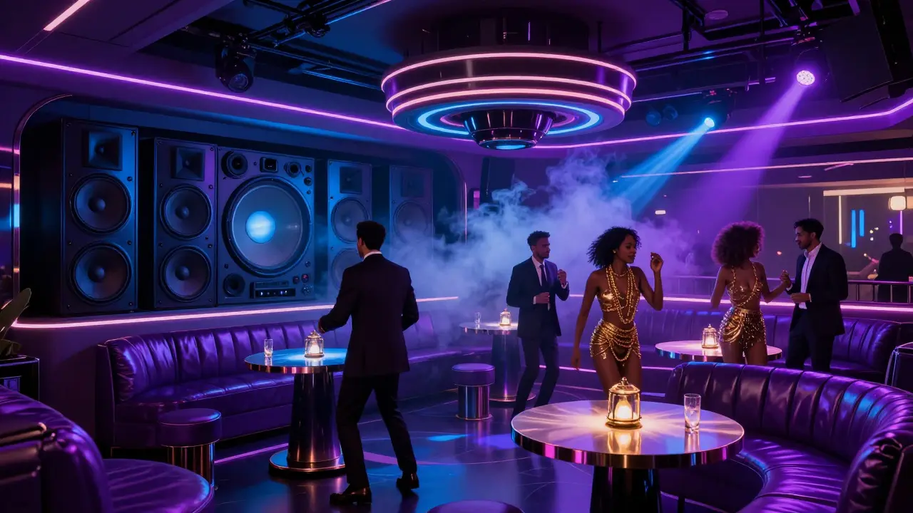 Crowd dancing in a high-end Dubai nightclub at 3 a.m. with neon lights and VIP tables under strobe effects.