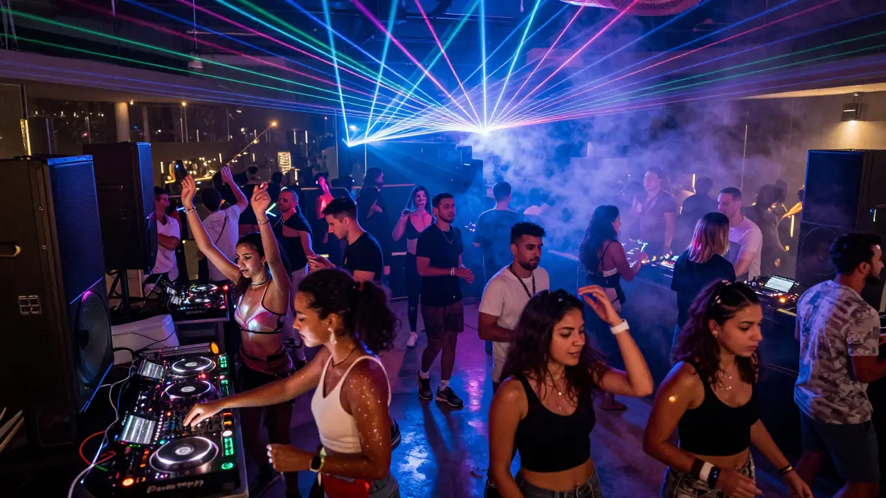 Crowd dancing under neon lasers and strobes at a high-energy nightclub in Abu Dhabi.