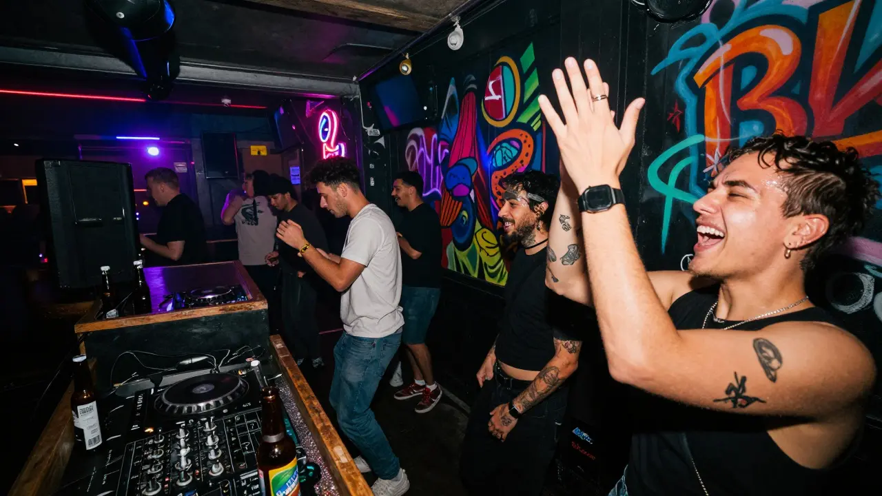 Dancers in a neon-lit underground club with murals and energetic atmosphere.