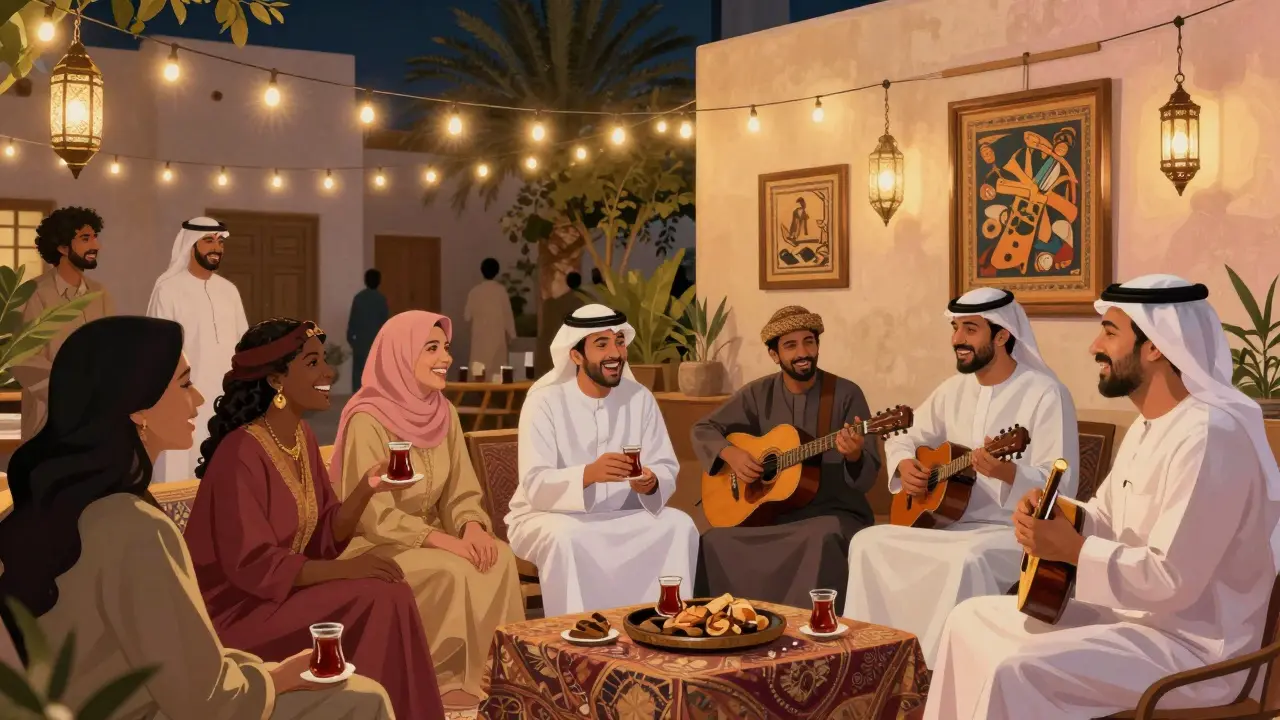 Diverse group enjoying cultural evening with music and art in Abu Dhabi