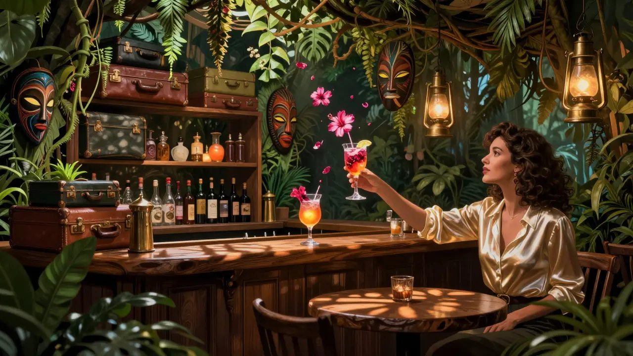 Dreamy jungle-themed bar with hanging plants, vintage suitcases, and glowing cocktails.