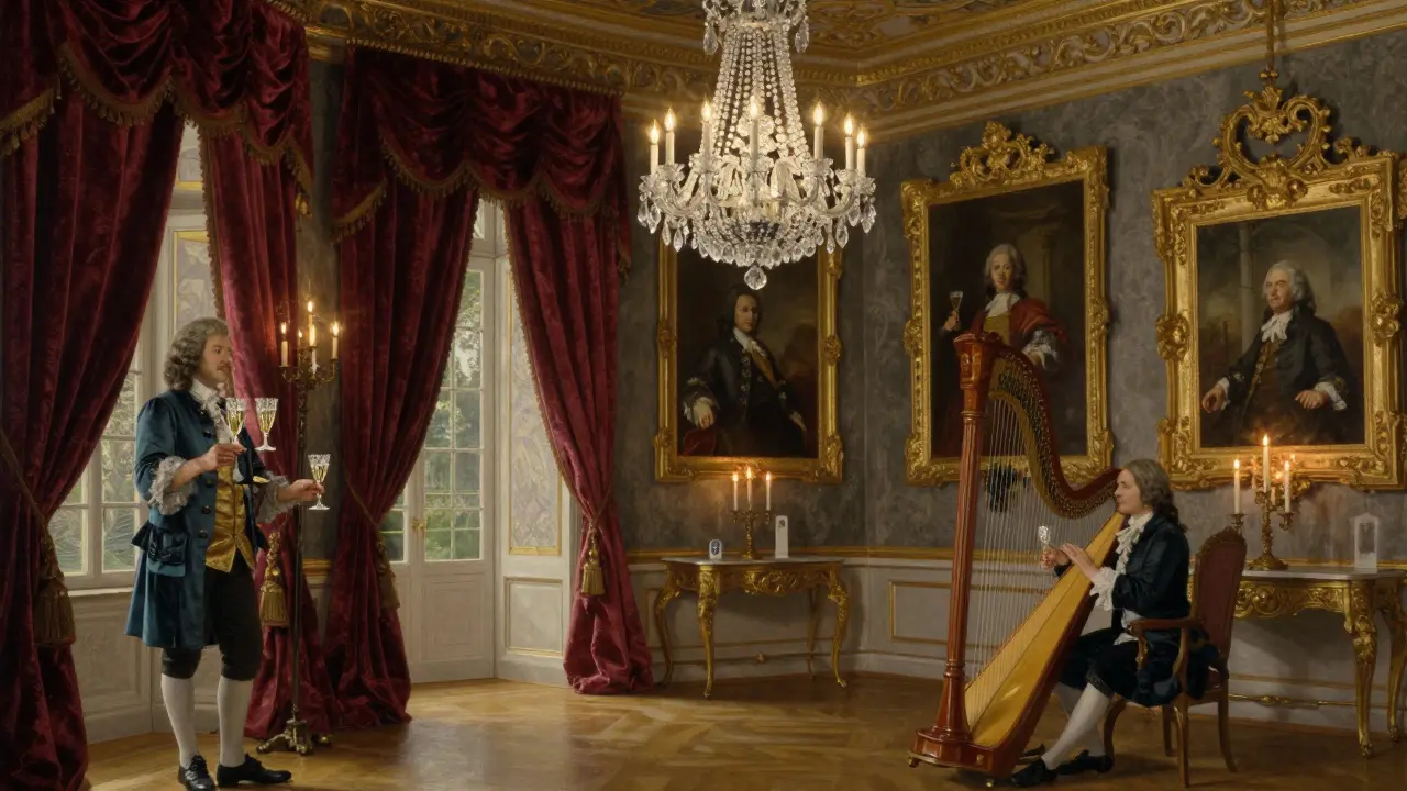 Elegant 18th-century interior with chandeliers and harpist playing.