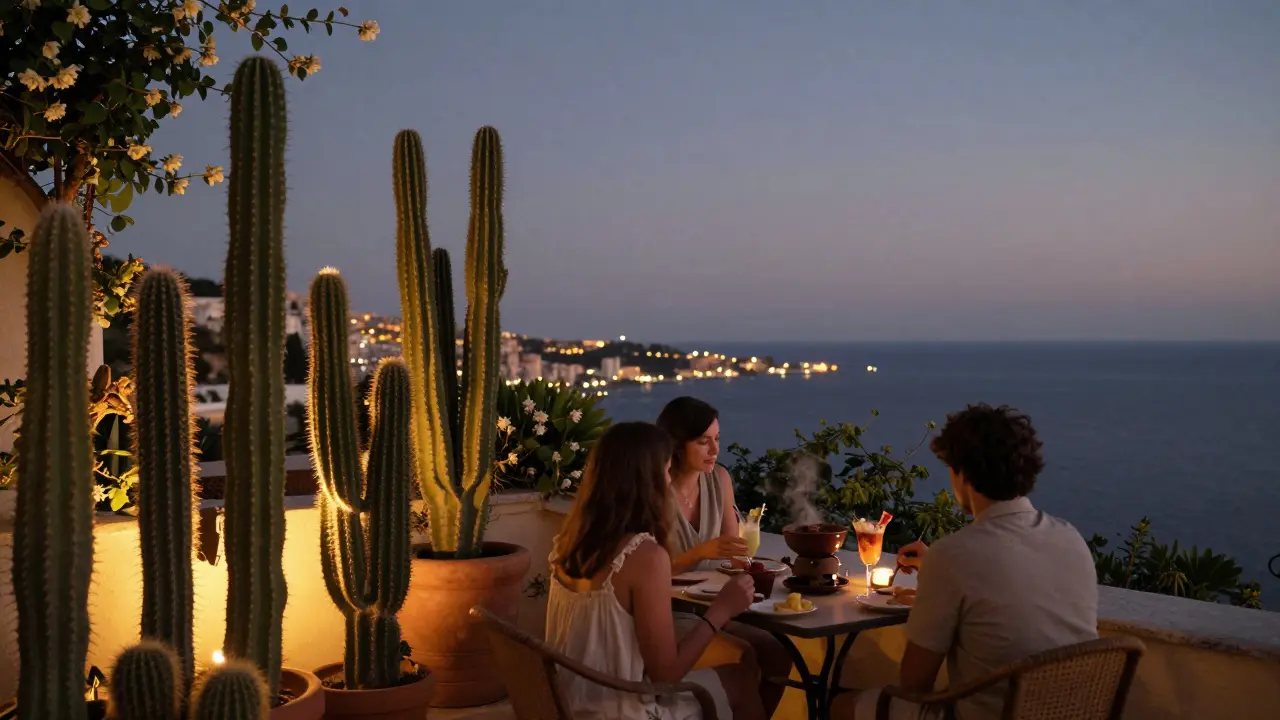 Family enjoying chocolate fondue on a quiet terrace with Mediterranean views and warm nighttime lighting.