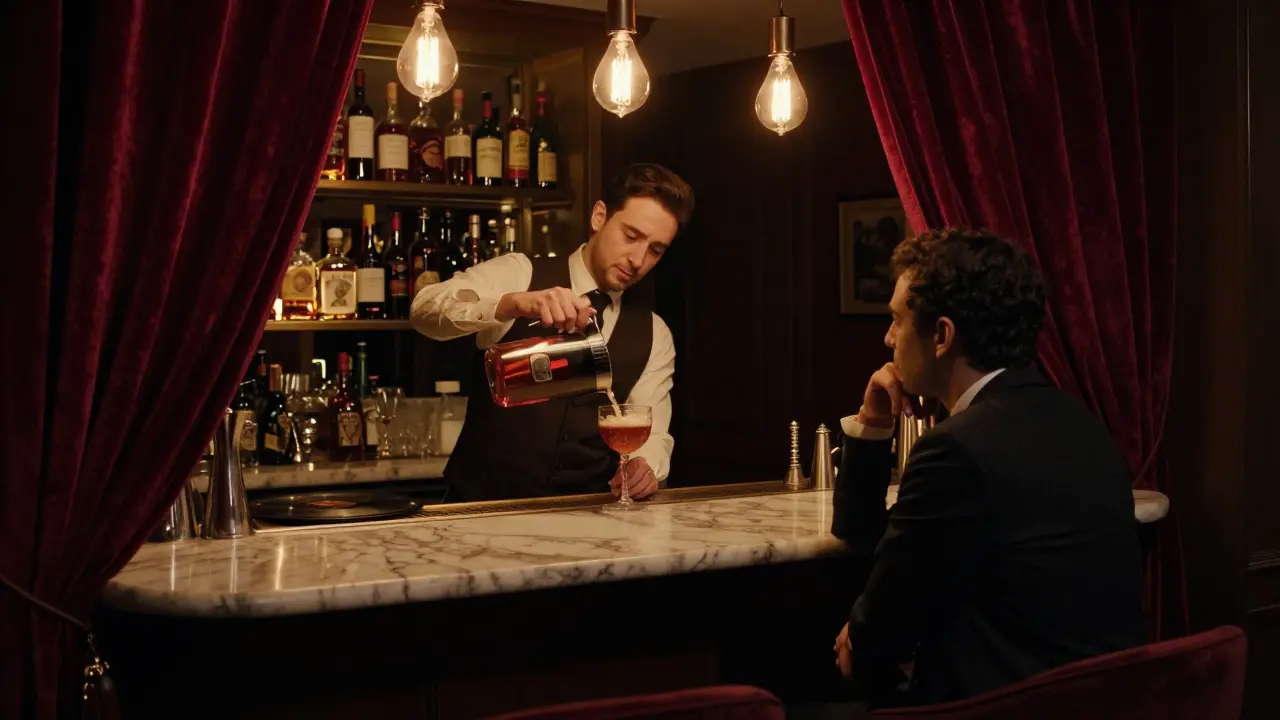 Hidden speakeasy with velvet curtain, warm lighting, and a bartender crafting a drink in quiet elegance.