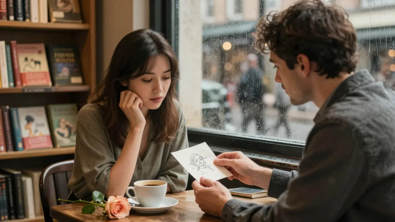 In a cozy bookshop café, a woman smiles at a sketch on a napkin given to her by a client, a rose beside her coffee.