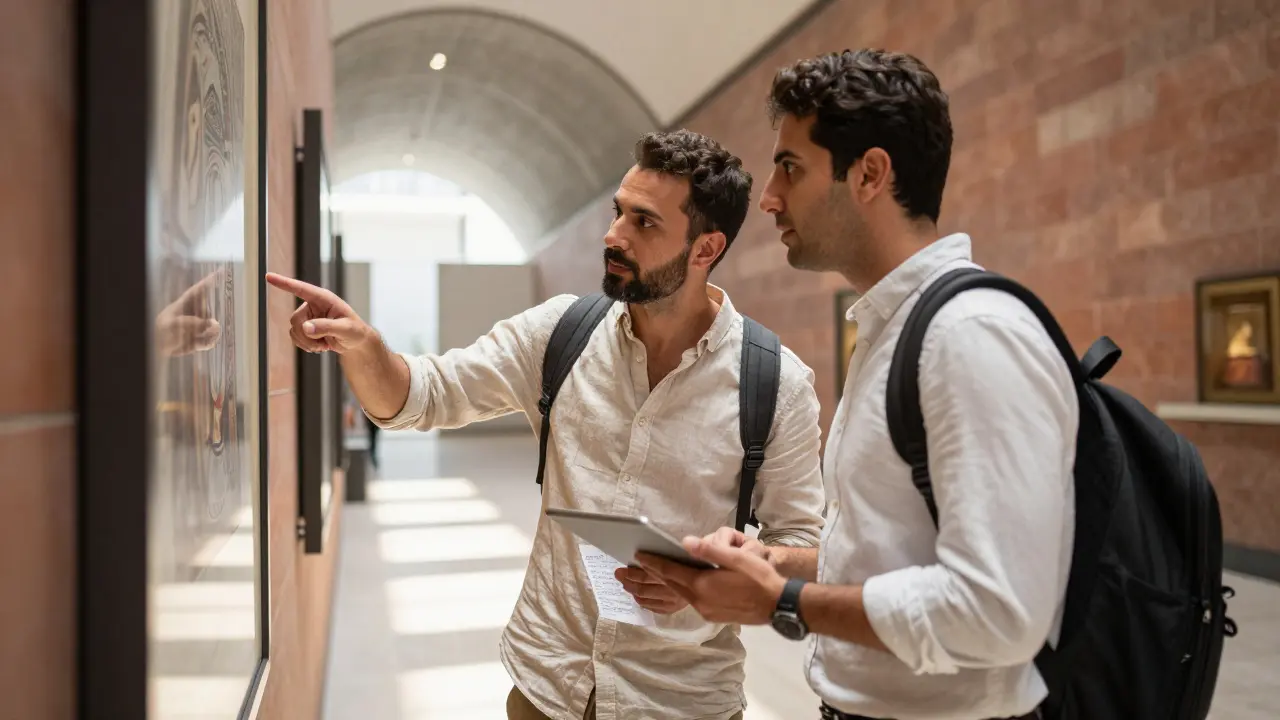Male companion and traveler viewing art at Louvre Abu Dhabi