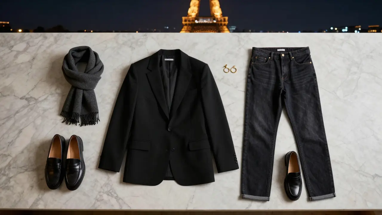 Minimalist Parisian night-out outfit laid out: blazer, jeans, loafers, scarf, and small handbag—no logos, clean and intentional.