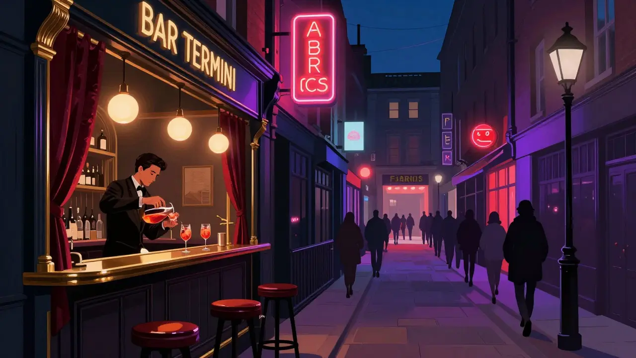 Neon-lit Soho alley leading to Bar Termini and Fabric, with people walking under historic lampposts.