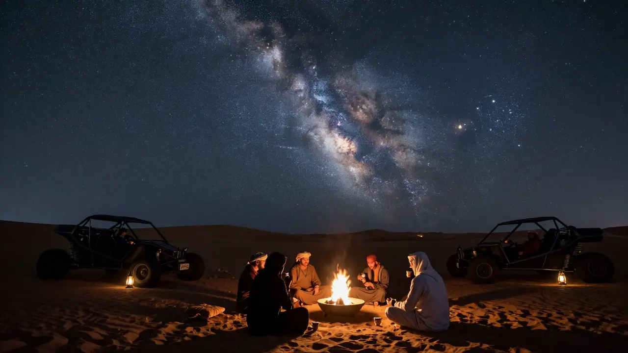 Nighttime desert firepit under the Milky Way with people sipping coffee in silence.